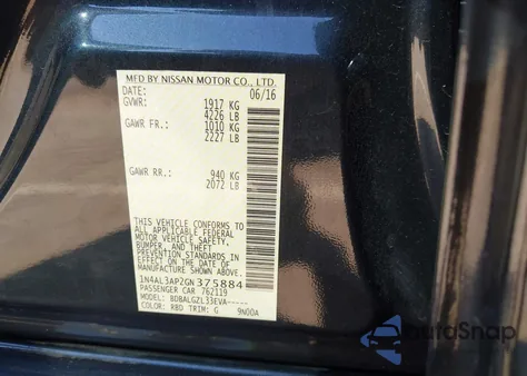 2016 Nissan Altima 2.5/2.5 S/2.5 Sl/2.5 Sr/2.5 Sv z USA, uszkodzony, nr VIN 1N4AL3AP2GN375884